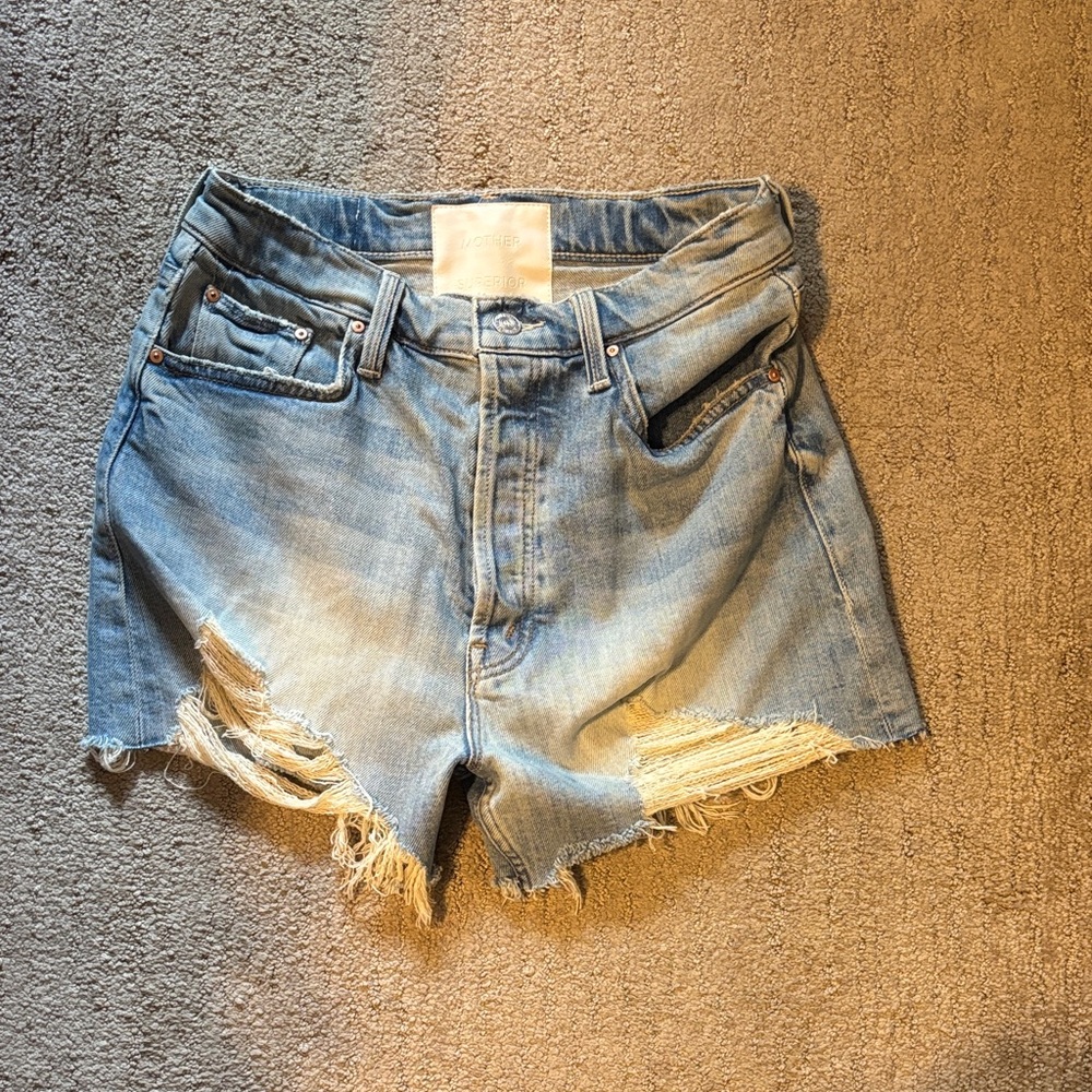MOTHER Light Blue Distressed Jean Shorts